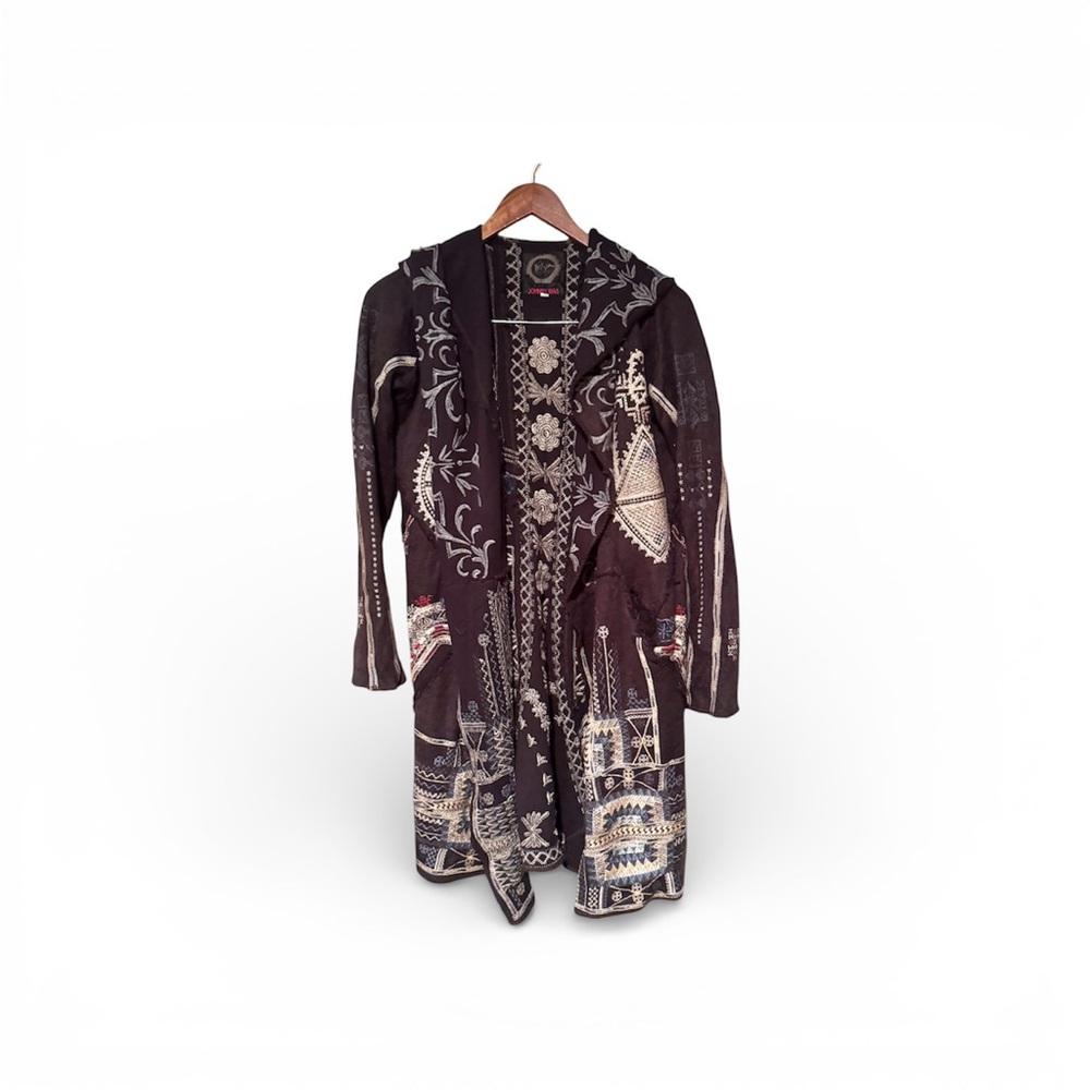 Johnny Was Biya Embroidered Long Sleeve Hooded Duster Cardigan Black Cream XS